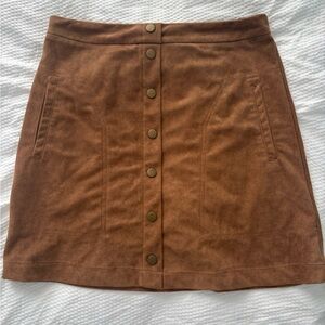 Brown Button-Front Suede A-Line Skirt